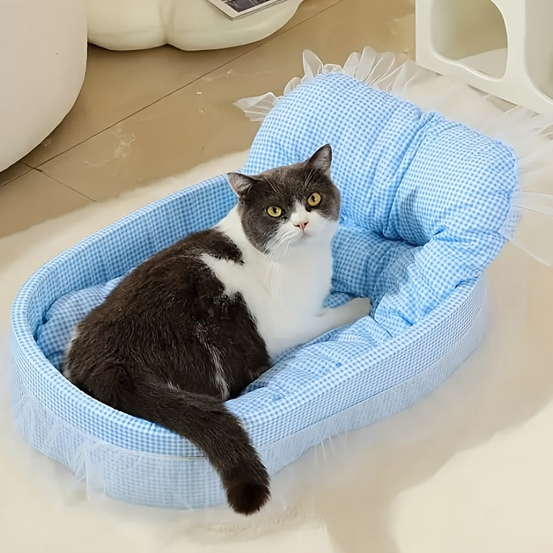All Season Checkered Pet Bed for Dogs and Cats with Soft Plush Fabric and Ruffle Details