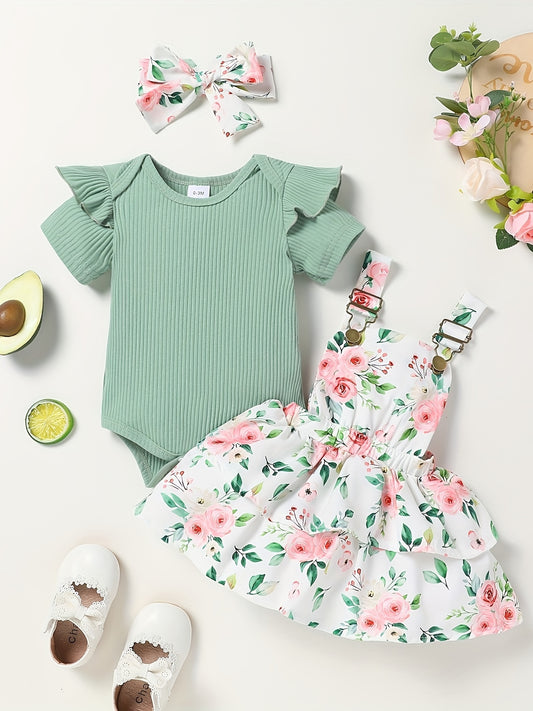 Newborn Baby Girl Summer Floral Romper Dress Outfit Set with Headband and Skirt