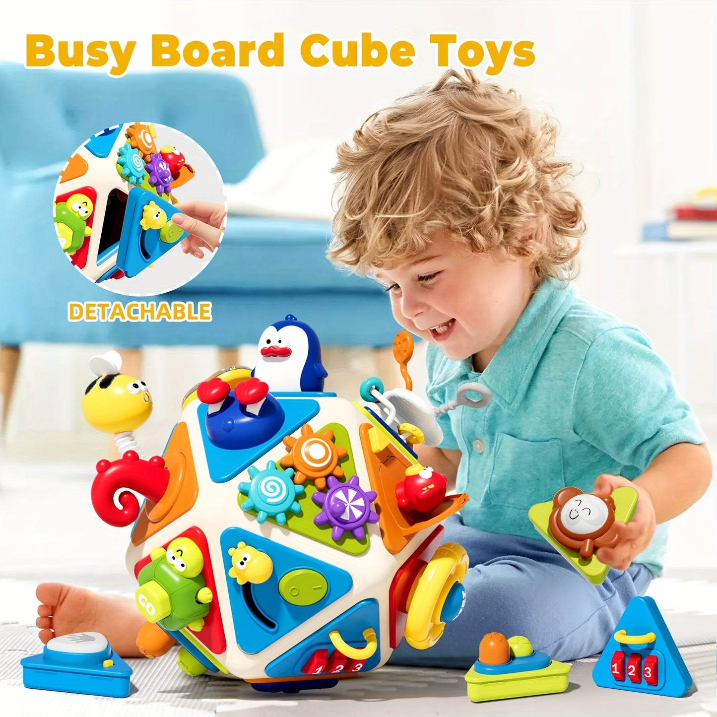 Expandable 20-in-1 Interactive Toddler Busy Board Cube with Zippers, Locks, and Mirrors for Sensory Learning, Ages 1-3