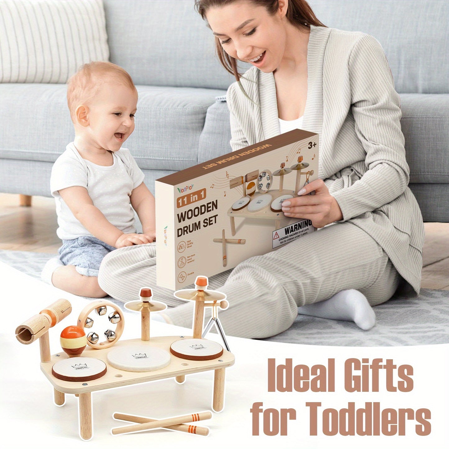 Vanplay 11 In 1 Wooden Musical Drum Set For Kids 18 Months And Up Educational Toy Gift