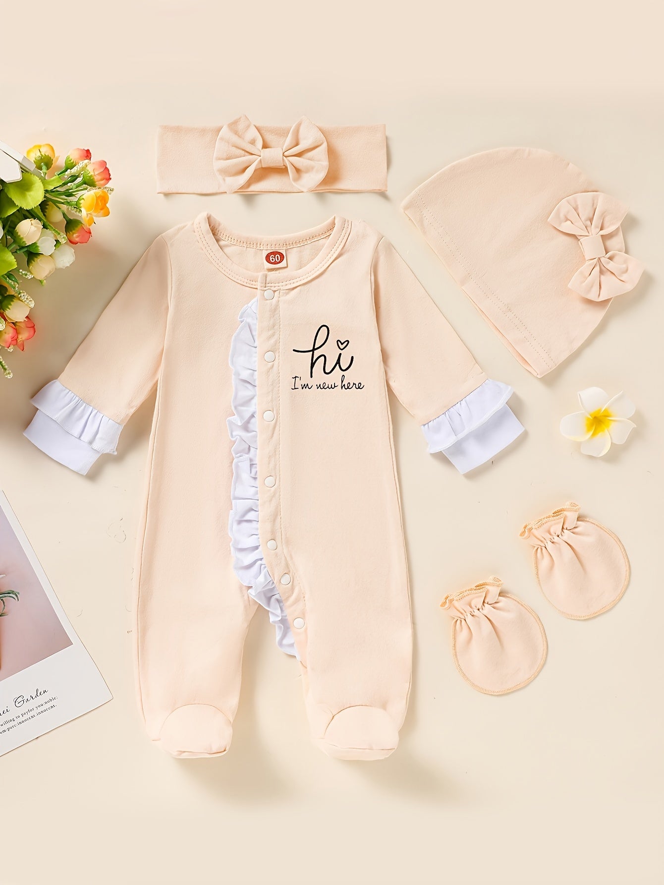 Newborn Baby Girl Romper Set Letter Print Mittens Headband