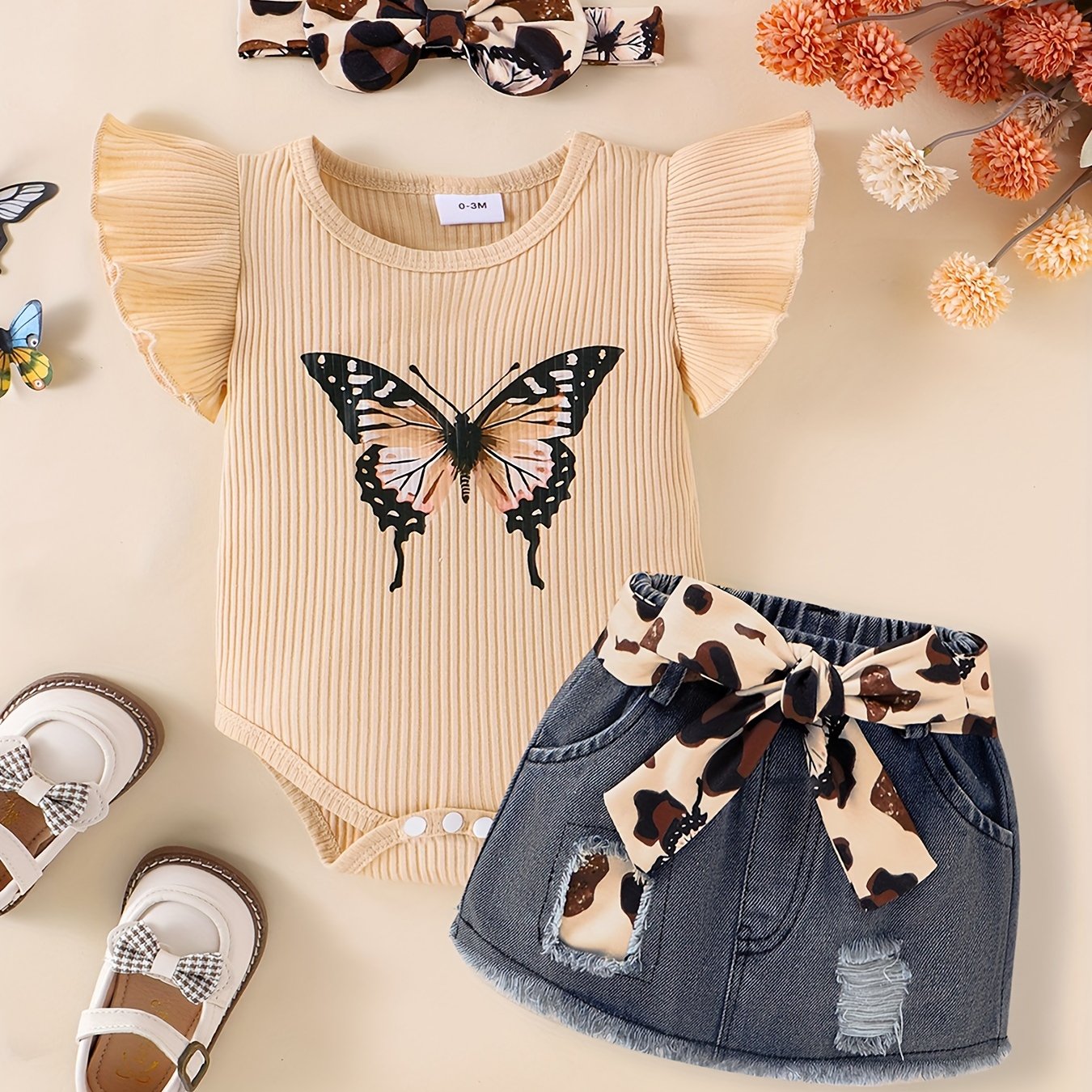 CETEPY Youngsters Girl Summer Clothes Cute Butterfly Printed Romper + Denim Skirt + Headband 3pcs Shorts Set 0-18 Months
