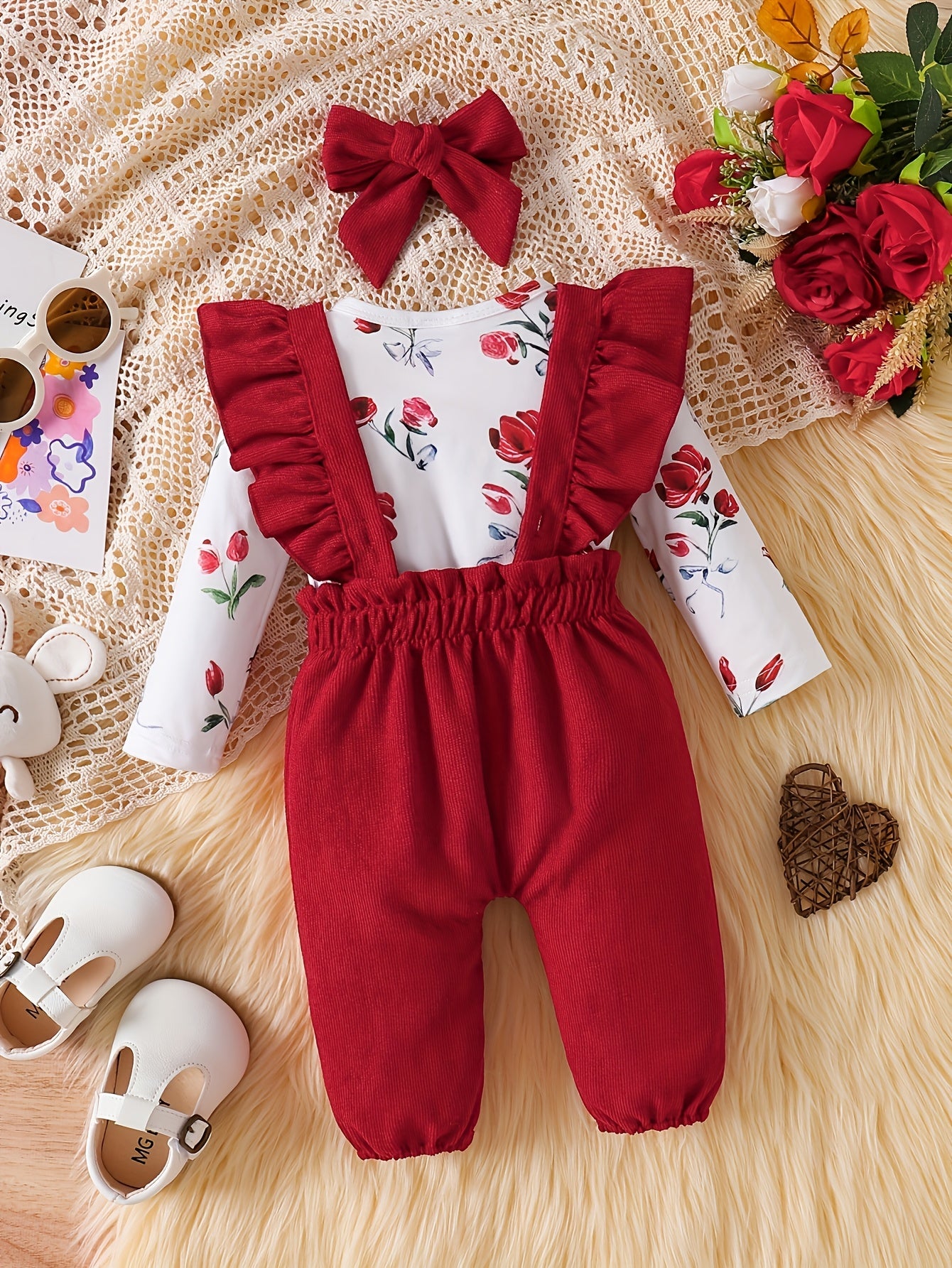 Three Piece Baby Girls Outfit Set With Floral Long Sleeve Romper Kitten Patch Jumpsuit Matching Headband Spring Autumn