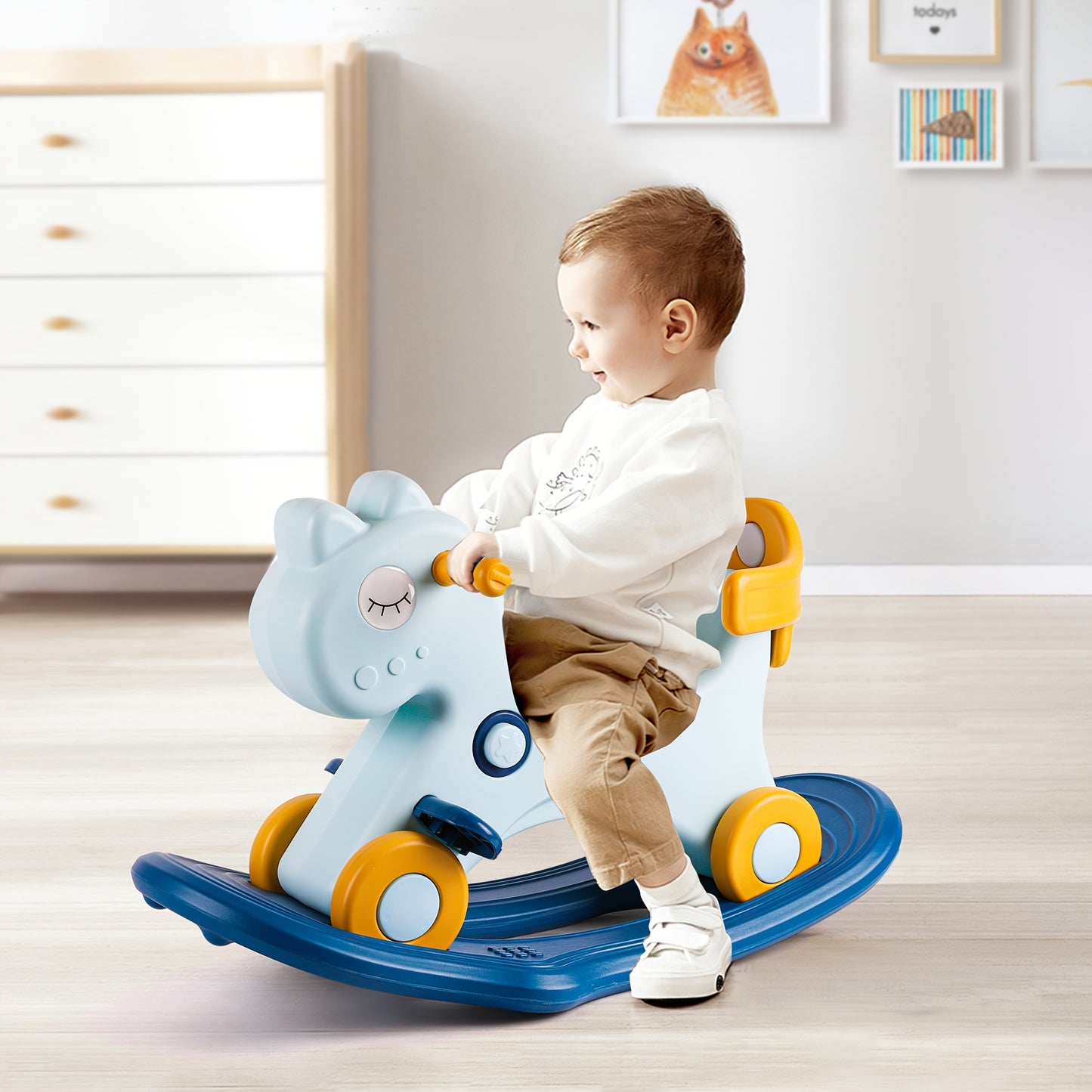 Blue 4-in-1 Rocking Horse with Safety Handle Fun Ride-On Toy for Kids Aged 1 to 3