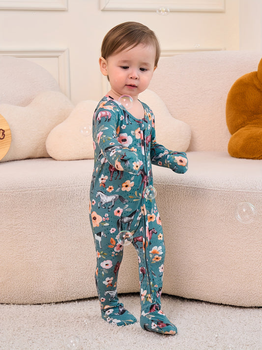 Ship From US, POSHTOT Mustang Print Bamboo Fiber Breathable Bamboo Fiber Baby Long Sleeve Pants Tights. Comfortable Fit, Cute, Baby Two-way Zip-up Onesie with Folding Feet And Mittens for Ages 0-2. Casual Outdoor Jumpsuit for
