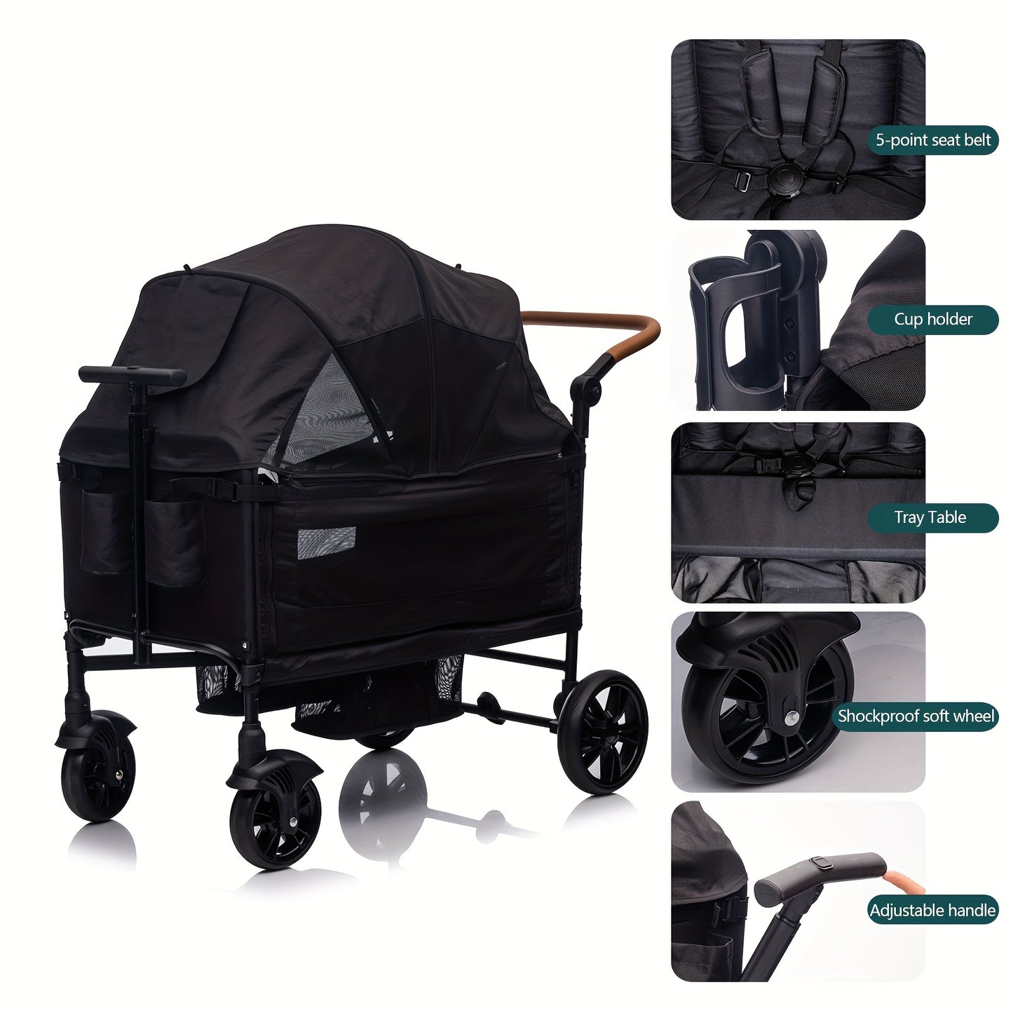 Lightweight Foldable Wagon Stroller for 2 Kids & Cargo Travel - 5-Point Harness, Adjustable Handlebar & Canopy, Tray Table & Cup Holder - Durable Push-Pull Stroller for Newborns & Toddlers (Gray/Black), Travel Stroller, Every