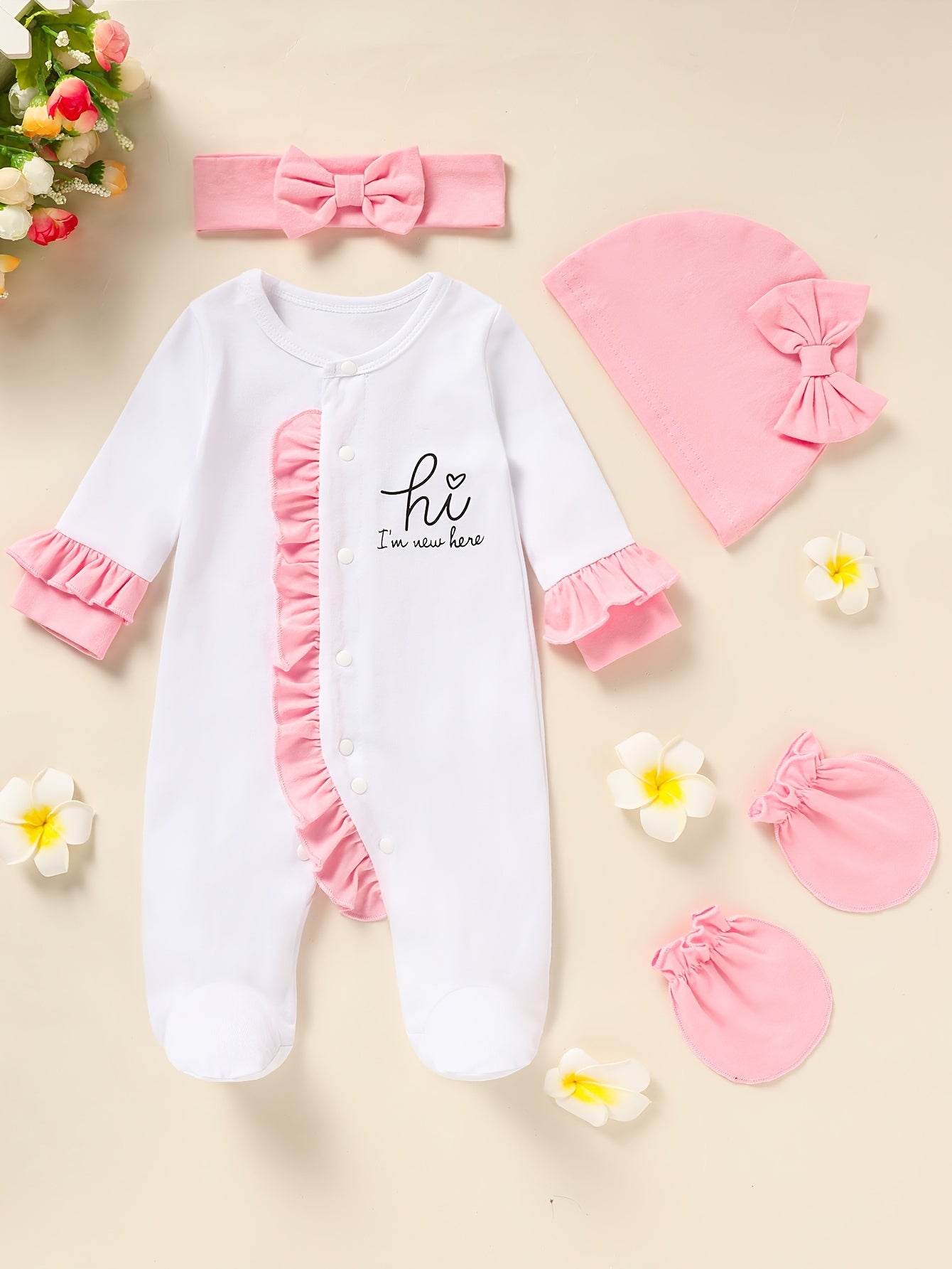 Newborn Baby Girl Romper Set Letter Print Mittens Headband