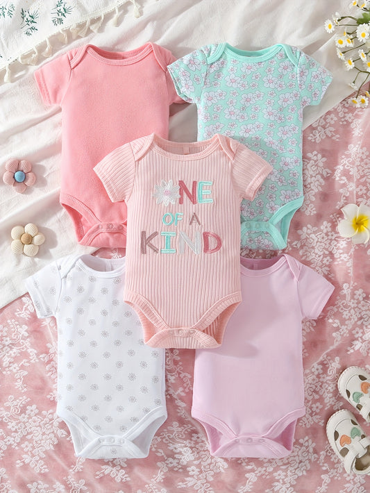 5pcs Set Of Baby Girl Short Sleeved Triangle Jumpsuit With Pink Flowers, Cute Baby Girl Outfit, Crawling Suit, for Outdoor