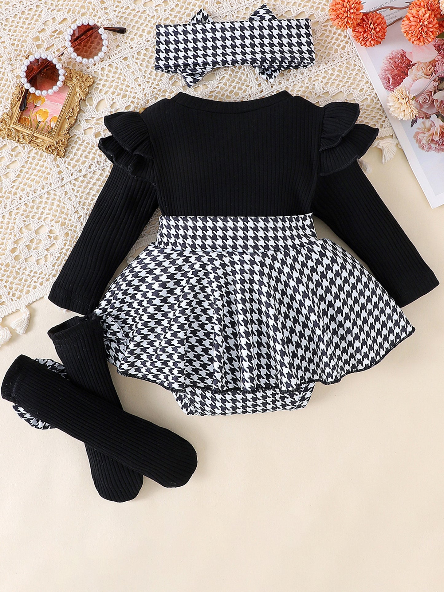 Baby Girl Spring Outfits Long Sleeve Houndstooth Print Romper Dress with Headband and Long Socks