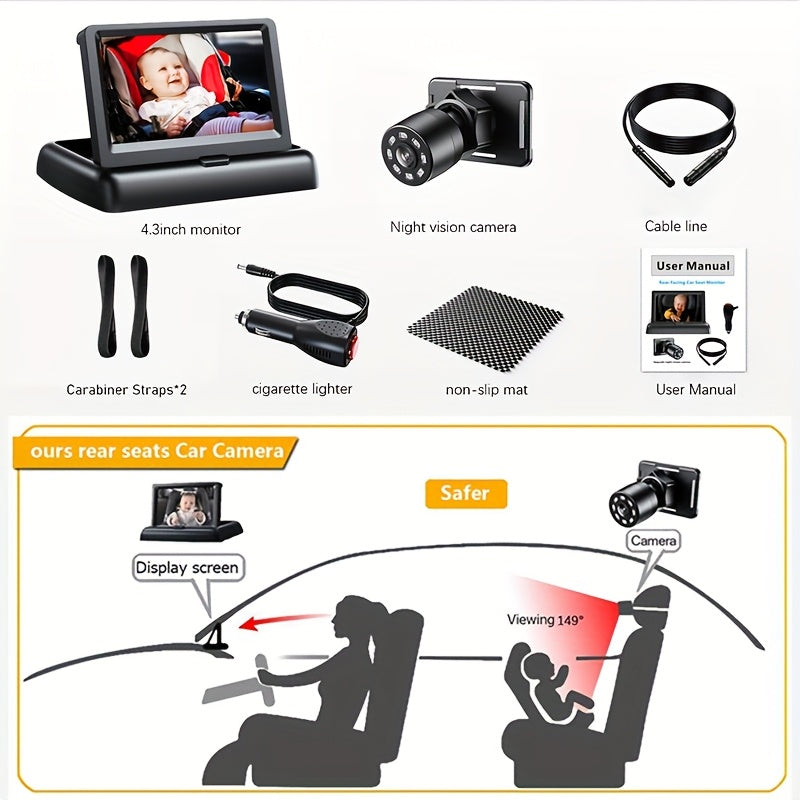 4.3 Inch HD Baby Car Monitor with Night Vision Wide Angle Rear Facing Camera for Child Safety