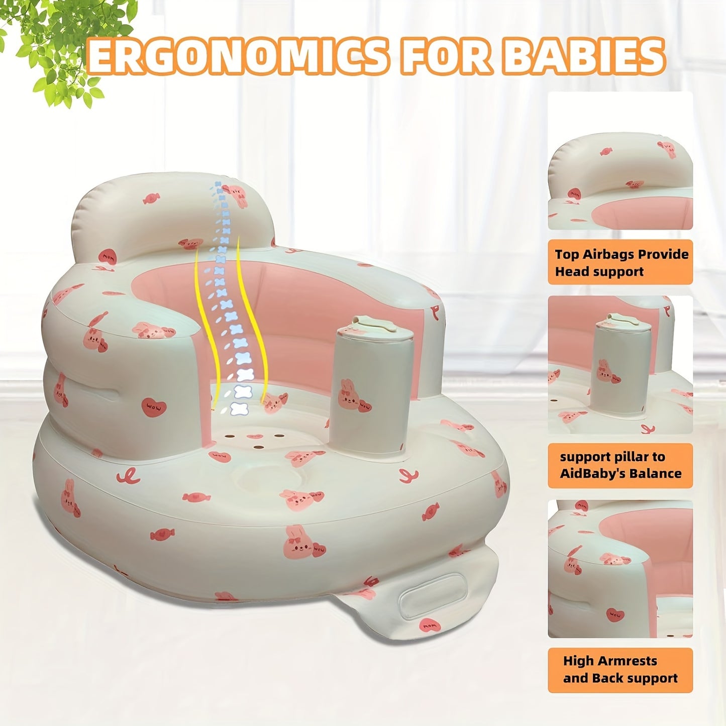 Sungdogin Love Bunny Inflatable Baby Seat for 3-36 Months Portable Travel Friendly Pink