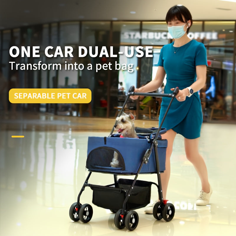 1pc Durable Pet Stroller for Small to Medium Dogs & Cats - Portable, Foldable with Metal Frame & Oxford Fabric, Blue & Black with Mesh Side Pocket, Carry Bag & Removable Tray for Travel, Dog Stroller