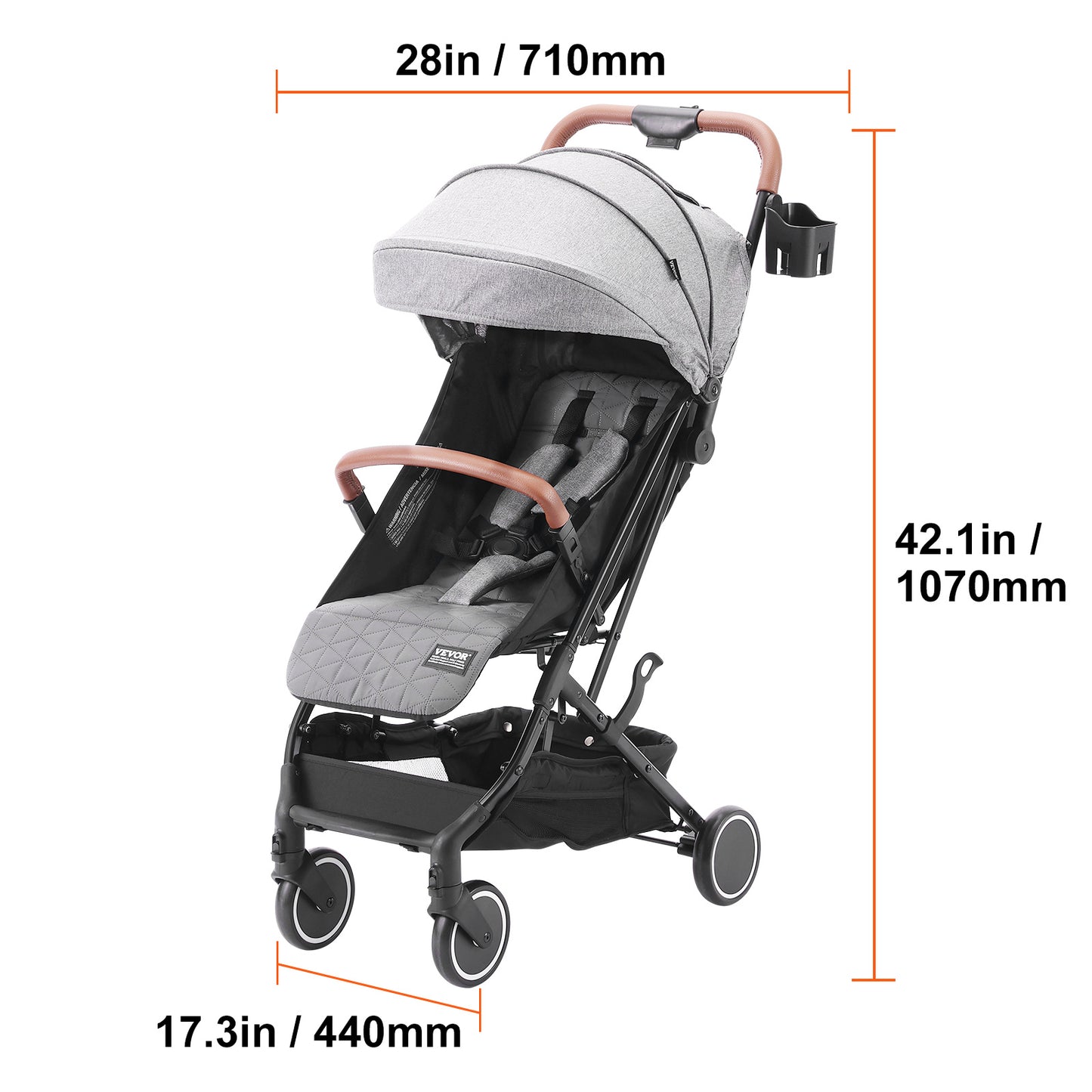 VEvor Dark Grey Standard Stroller - Adjustable Backrest & Footrest, One-Click Fold, Cup Holder - Carry Bag Included