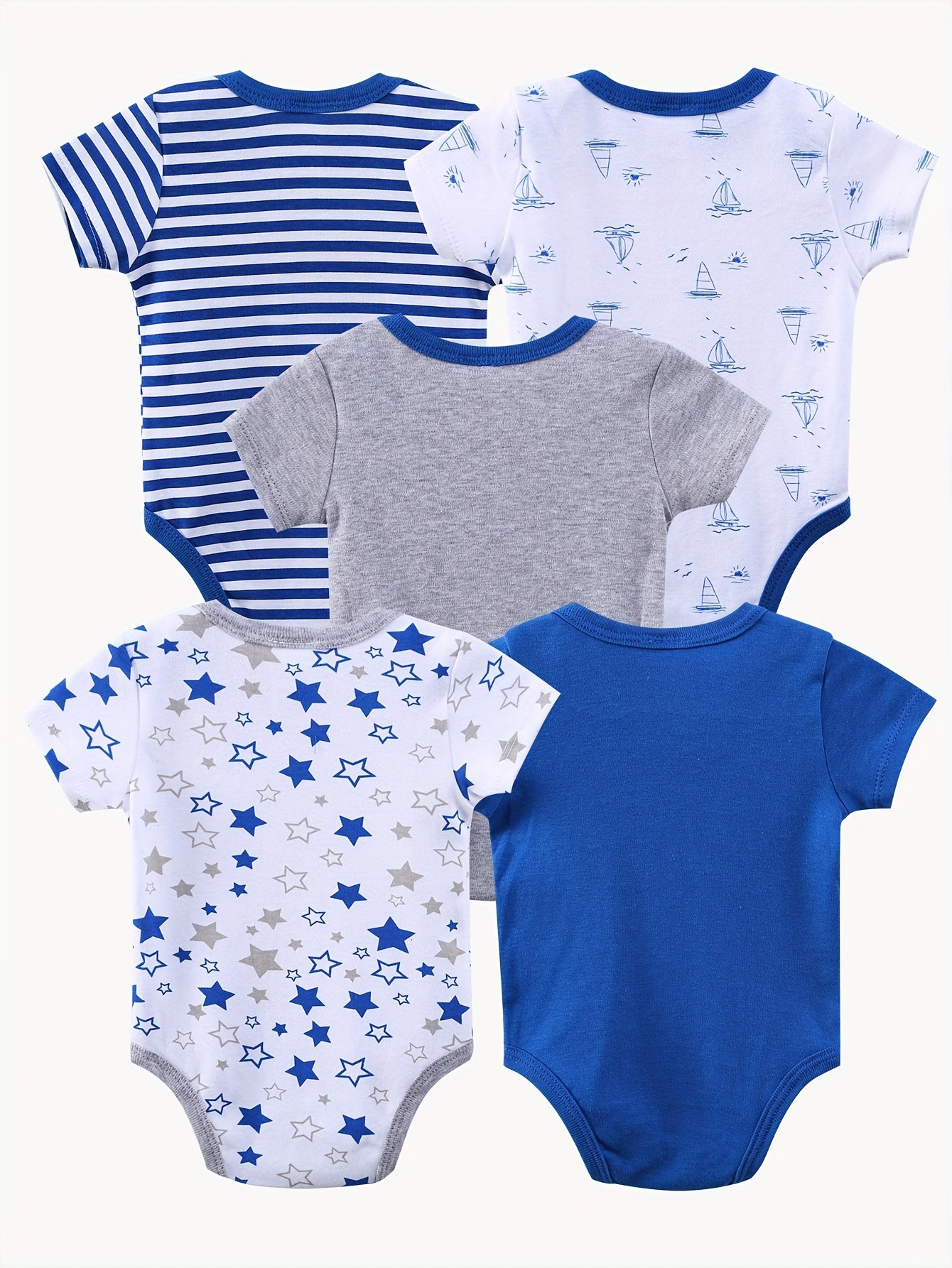 5pcs Short-sleeved Triangular One-piece Suit for Baby Boys, Cotton Baby Coat, Crawling Suit, And Bottom Coat, Elegant Ocean Sailboat Design, Soft Fabric Home Wear, Perfect for Outdoor