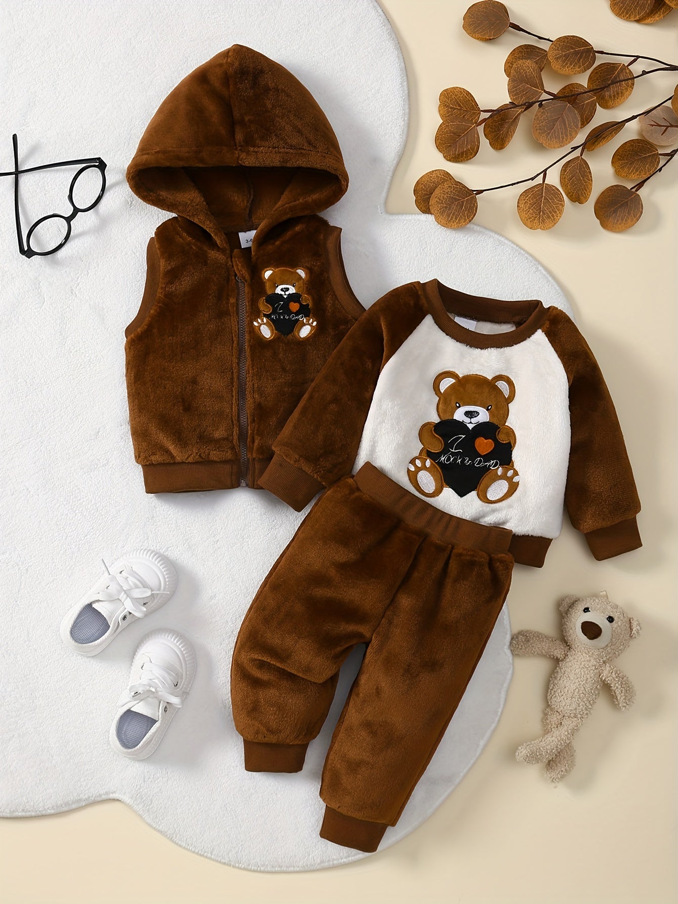 3 Piece Baby Boy Winter Outfit Set With Teddy Bear Embroidery Hooded Zipper Jacket And Flannel Pants