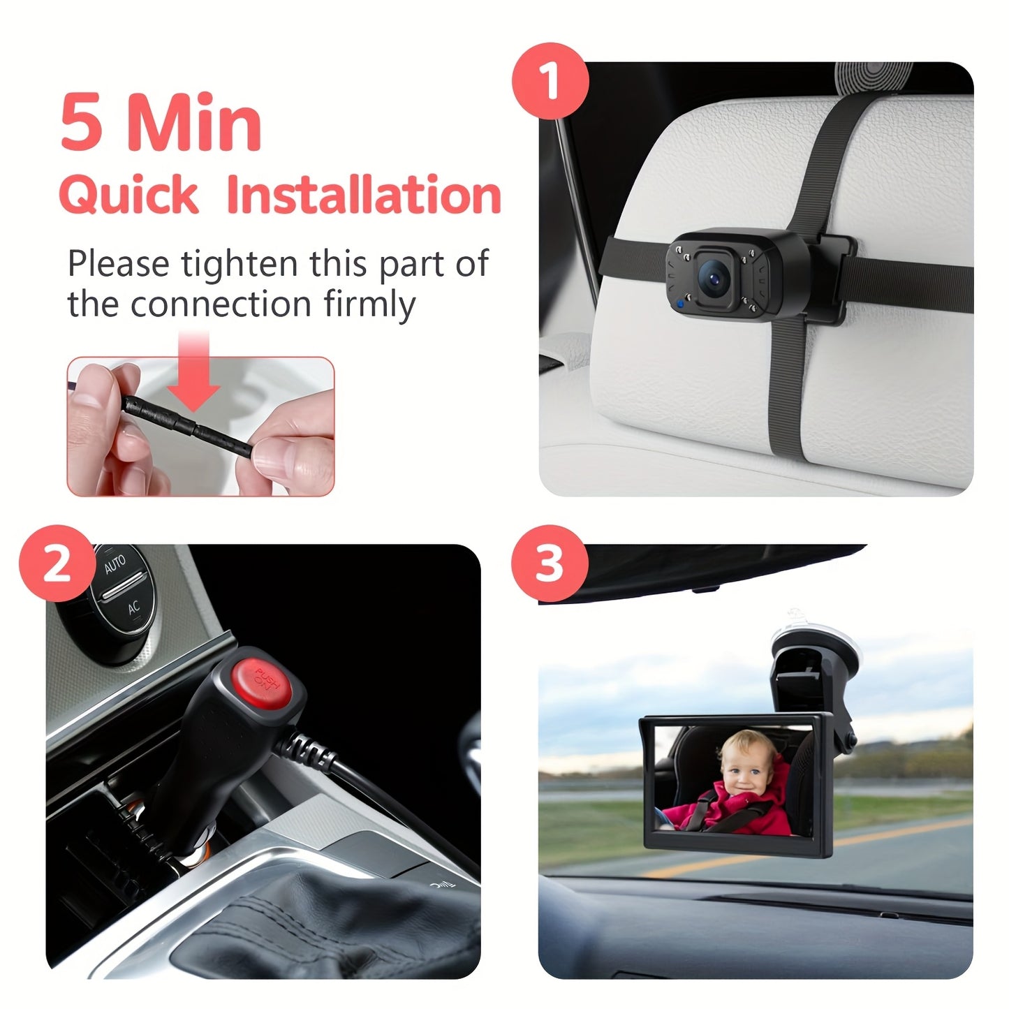 Baby Car Camera Dual Channel 5 Inch Display 1080P Clear Night Vision for Rear Facing Seat