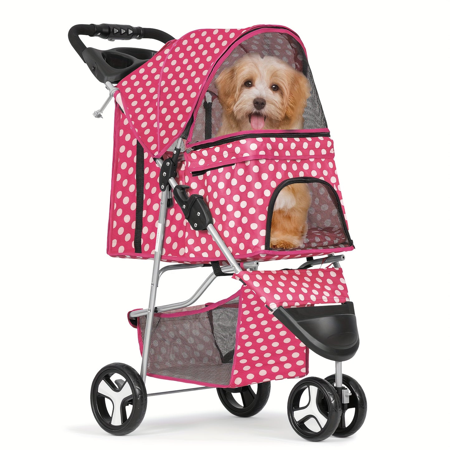 3 Wheels Pet Dog Cat Stroller for Small Medium Dogs Cats - Foldable Jogger Stroller w/Storage Basket and Cup Holder - For Pet Owners - Suitable for Outdoor Walks & Travel - Great Gift for Dog & Cat Lovers