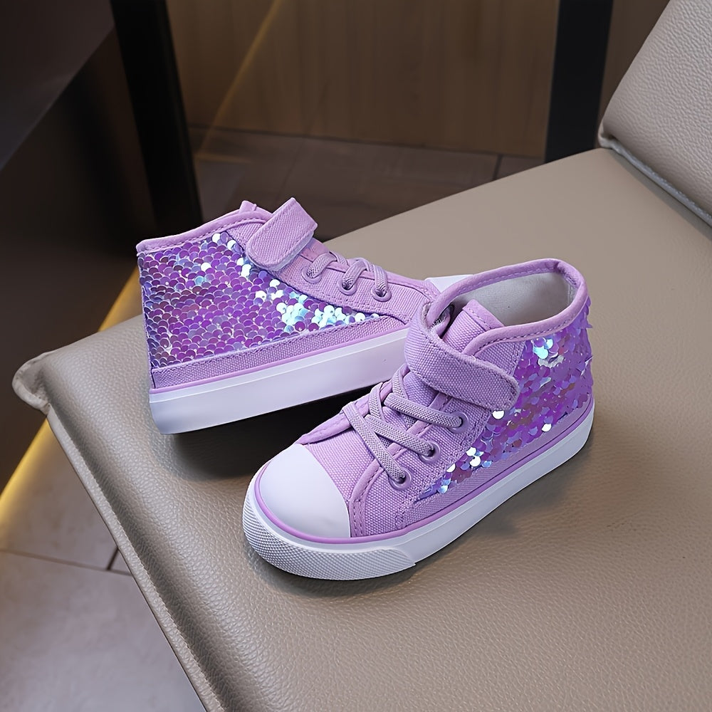 Girls Lightweight Canvas Sneakers with Purple Star Sequins Mid-Top Casual Shoes