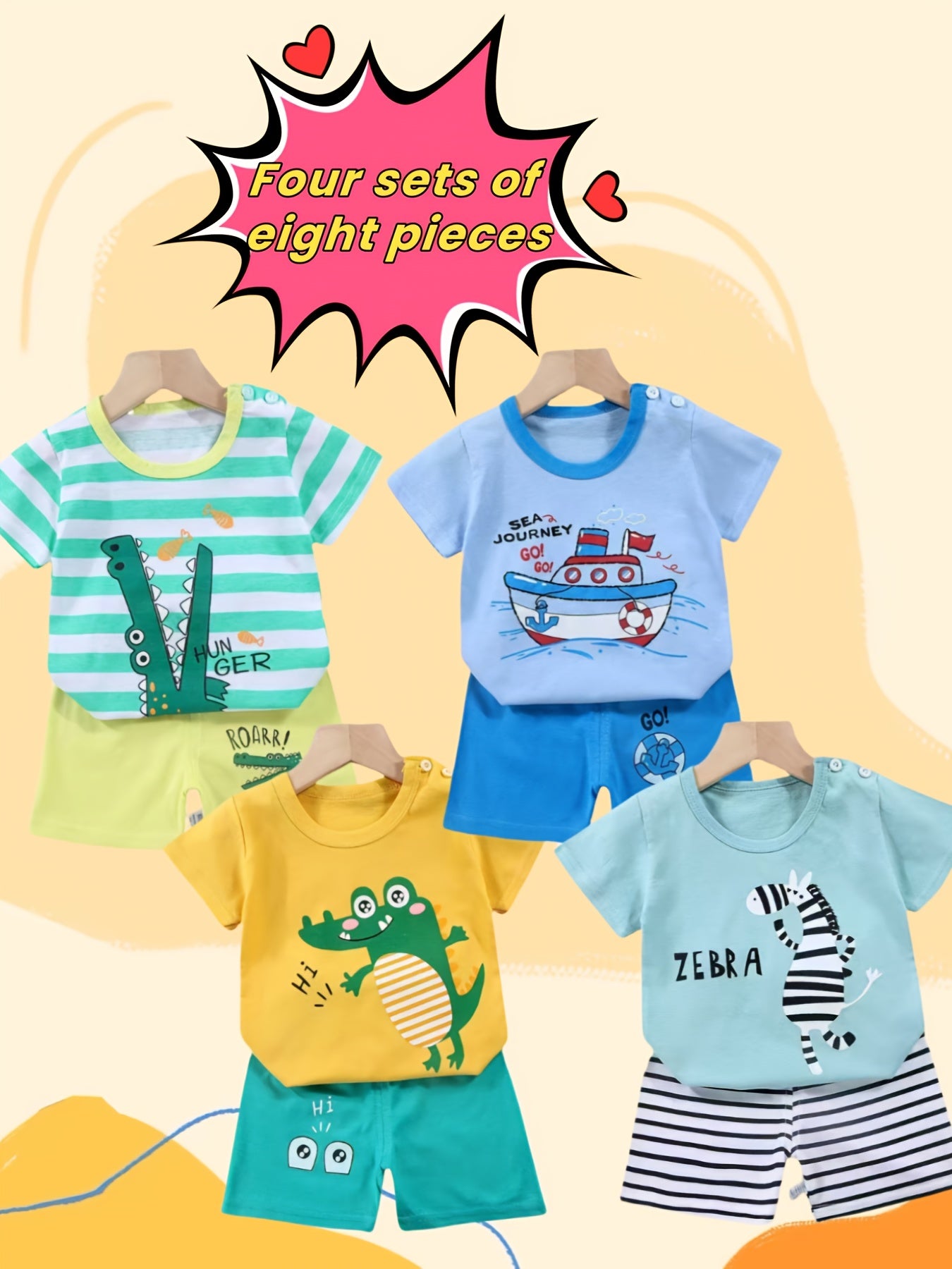 Baby Summer New Short Sleeve Suit! Four Sets! An Eight-piece Set! Children Like The Boat Crocodile Print Pattern, Pure Cotton Material, Comfortable And Breathable. It Is Also The Best Gift Parents Can Give Their Children. Sum