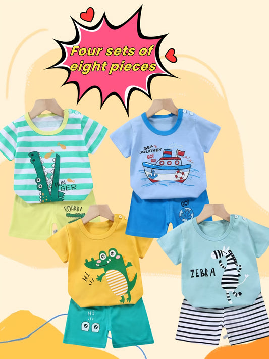 Baby Summer New Short Sleeve Suit! Four Sets! An Eight-piece Set! Children Like The Boat Crocodile Print Pattern, Pure Cotton Material, Comfortable And Breathable. It Is Also The Best Gift Parents Can Give Their Children. Sum