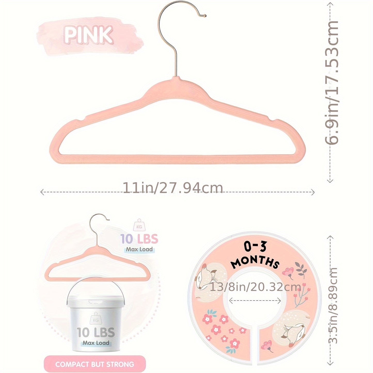 Baby Hangers, JEOWOQAO 11 Inch Pink Velvet Kids Hangers With 6pcs Size Dividers Non Slip Nursery Children Closet Clothes Hangers For Infant Toddler Girls And Boys 50pcs