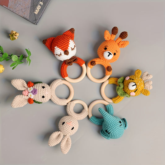 A Set of 6 Rattles Featuring Animal Figurines Including an Elephant, a Moose, a Fox, a Rabbit, And a Deer. These Handcrafted Crochet Decorations Are Perfect for Festive Parties And Suitable for Babies And Children, Making The