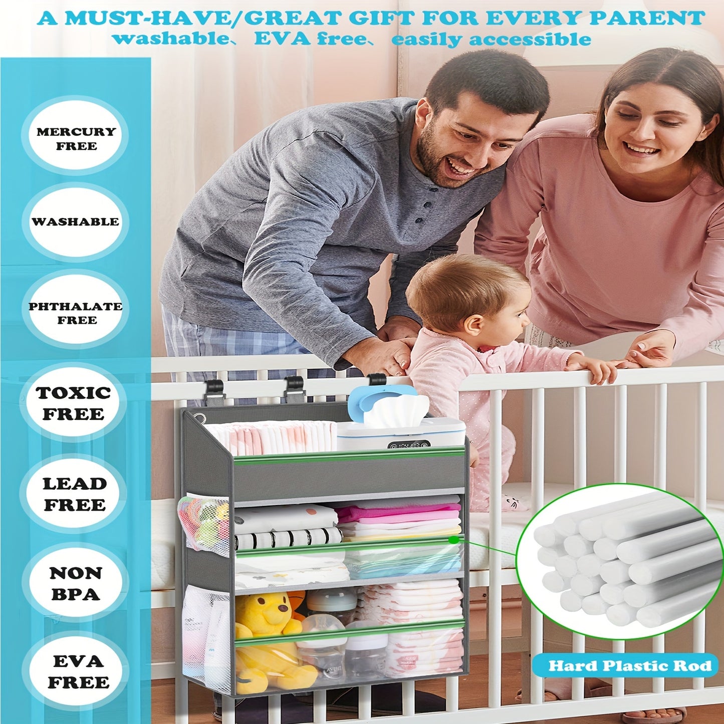 Hanging Diaper Caddy Organizer - Multiple Pockets, Baby Organizer For Nursery Accessories Changing Table Organizer And Diaper Storage - Gray - For New Parents - Suitable for Nursery, Bathroom & Changing Table - Perfect Gift f