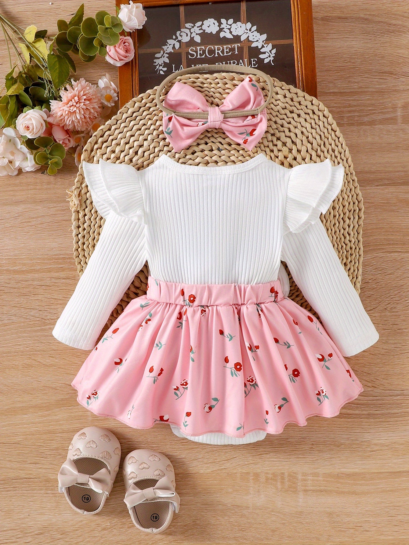 Floral Soft Knit Baby Bodysuit With Matching Headband Set