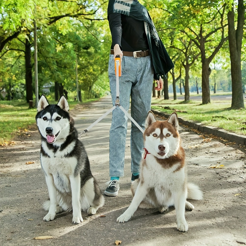 Dual Head Self Retracting Dog Leash for Two Dogs Weighing Up to 110 Lbs, Heavy Duty 16ft. Dual Head Flexible Retractable 360° Tangle Resistant One-Touch Locking Brake Dog Leash for Small Medium Large Dogs