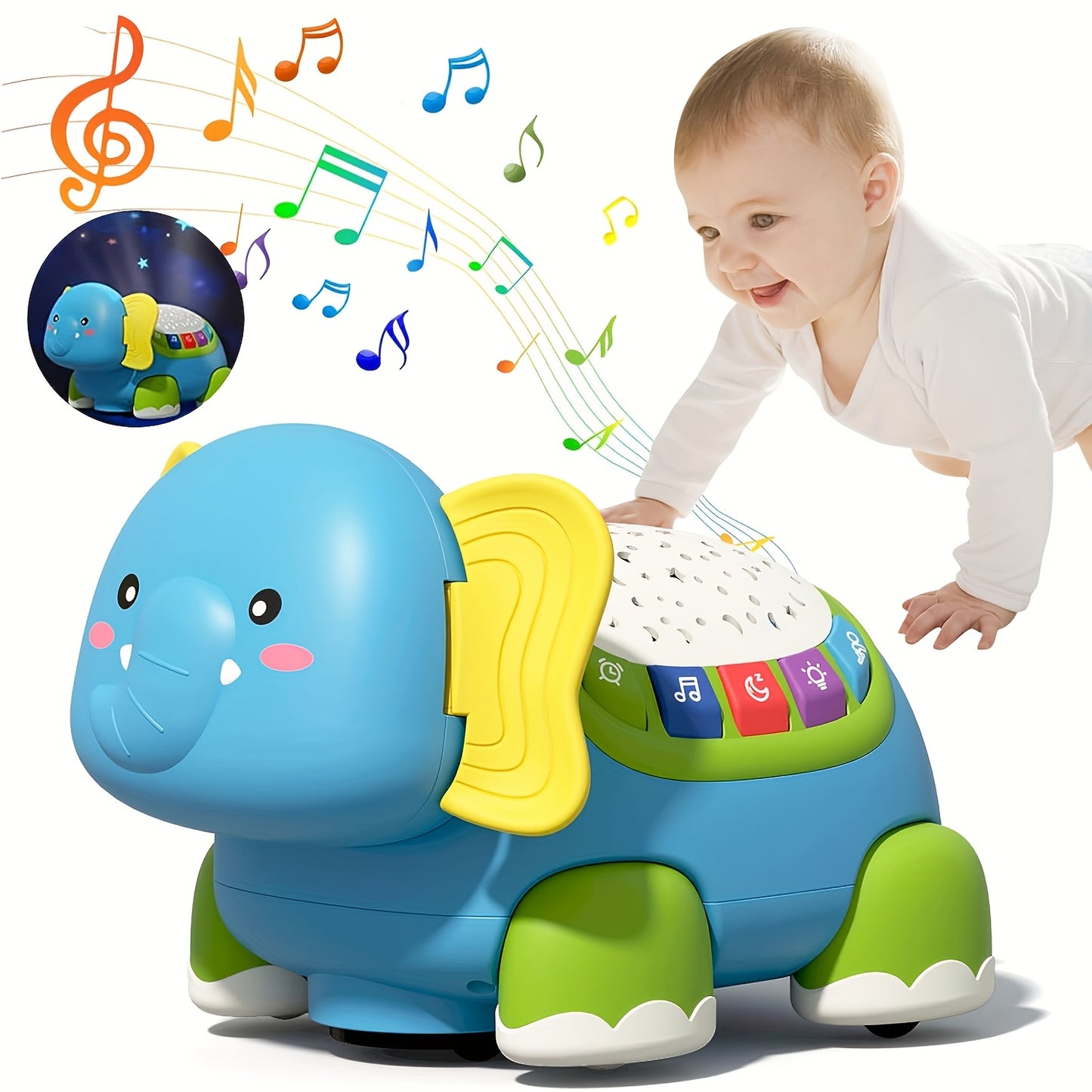 Interactive Baby Elephant Belly Time Toy with Star Projector and Lights for Early Development