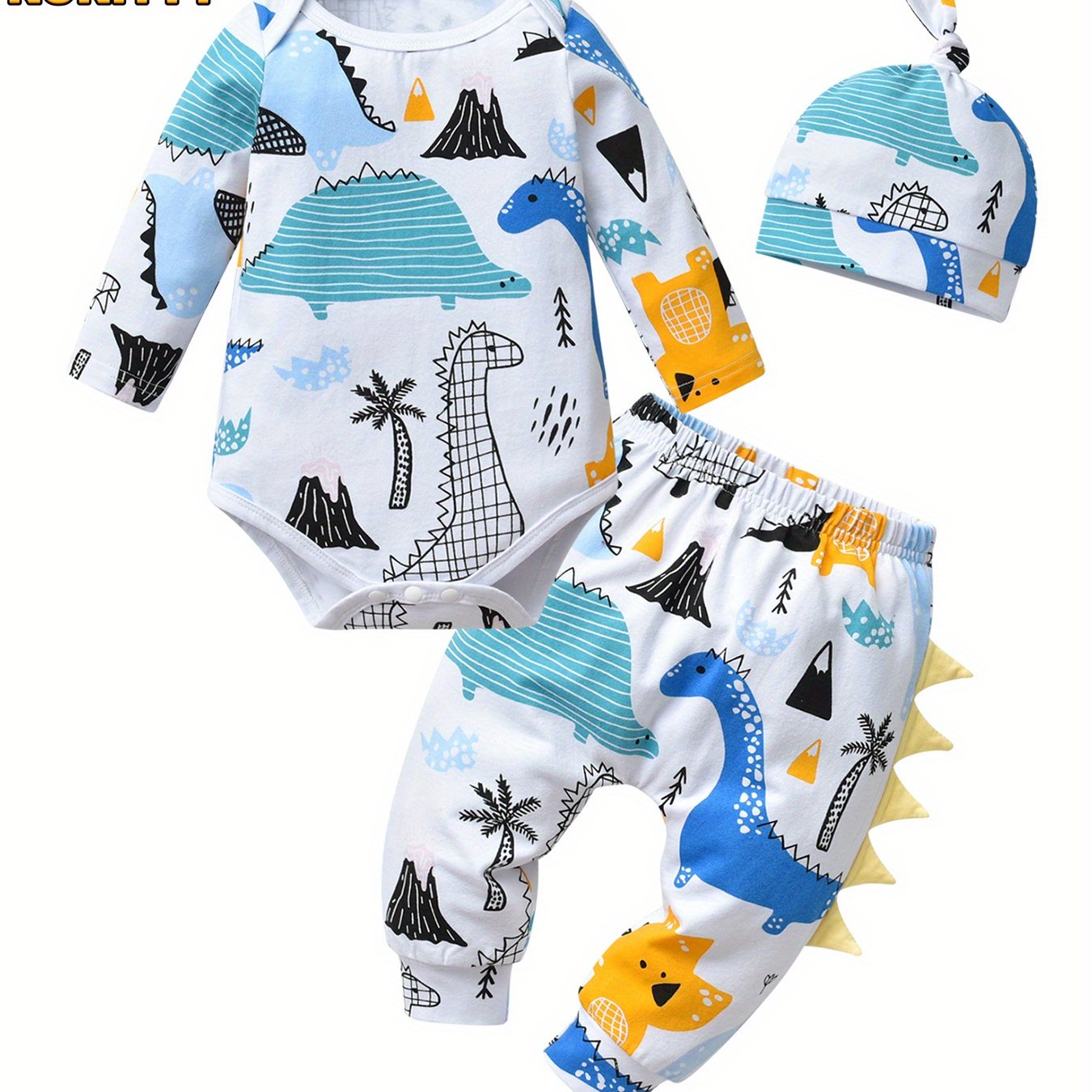 KuKitty Newborn Baby Boy 3pc Cotton Long Sleeve Romper Top Pant Hat Dinosaur Outfit Set