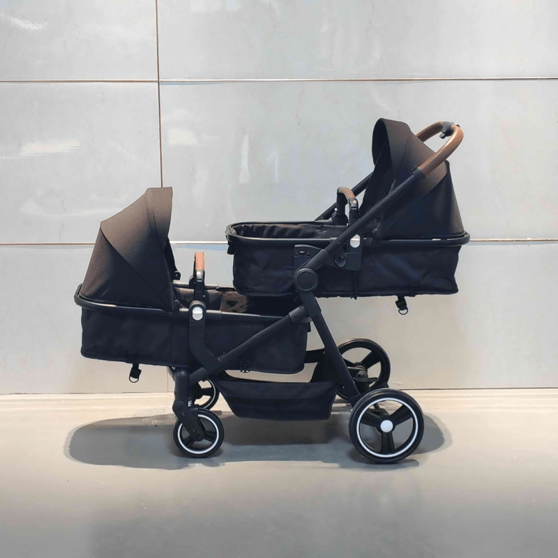 Double Stroller Track Tandem Stroller With Sunshade and Storage Basket Black