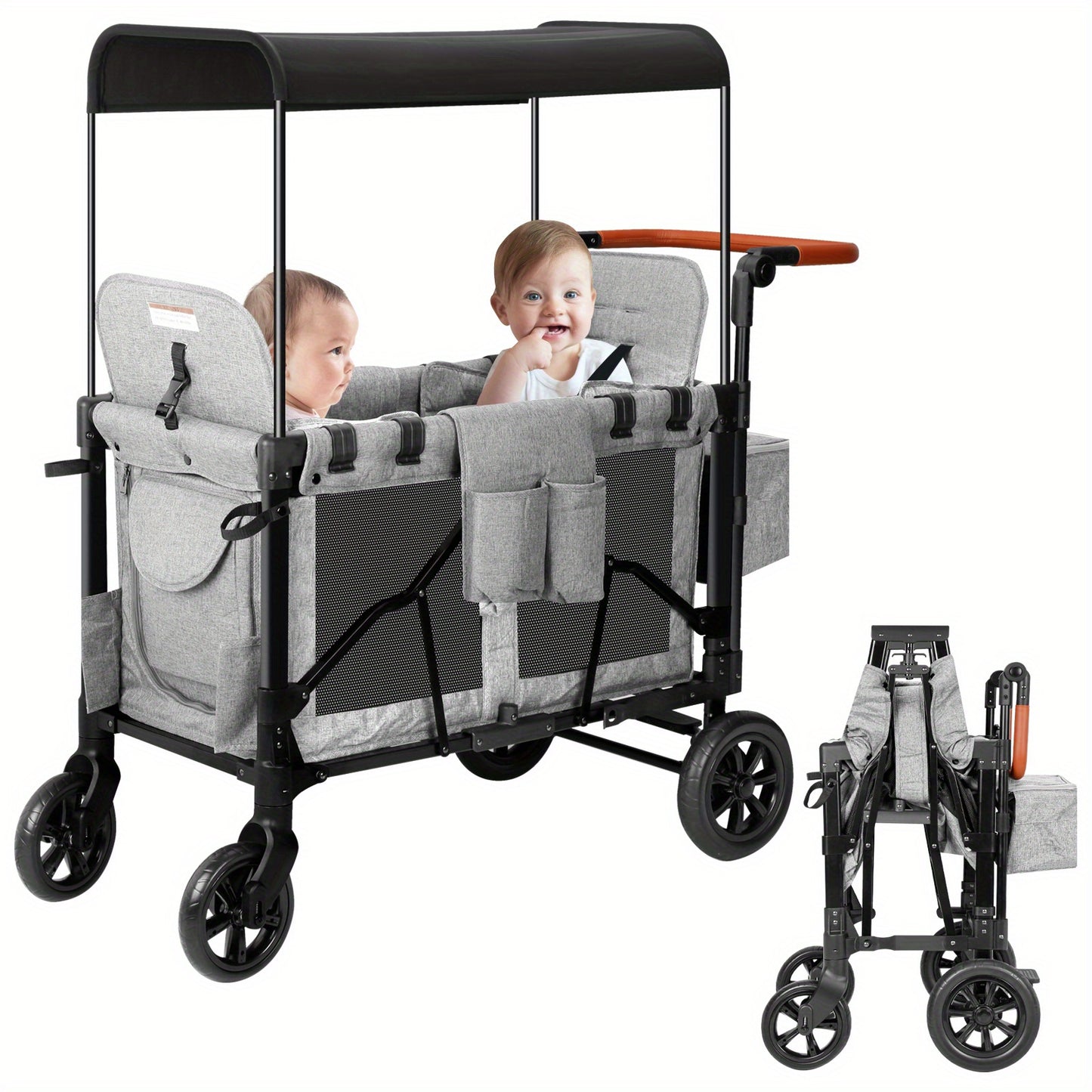 Luxury Foldable Stroller Wagon with Adjustable Canopy - Black/Gray, Durable Iron Frame, Polyester Fabric, 5-Point Harness, Dual Installation, Ideal for Outdoor Adventures, Supports Up to 55 lbs, Wagon Stroller, SERLD