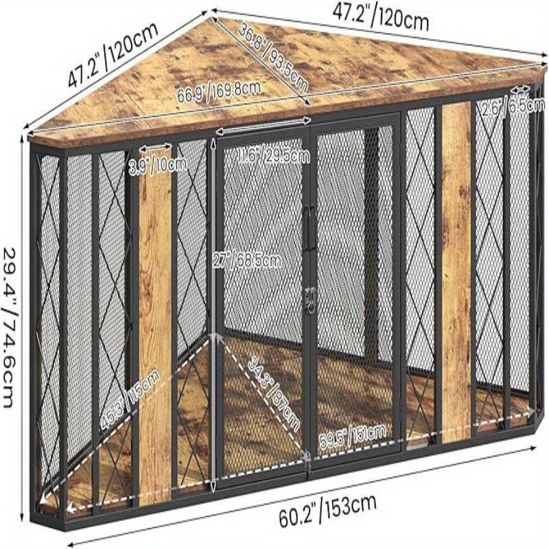 Stylish 66 Inch Corner Dog Crate Large Decorative Wood Kennel for Small to Large Dogs