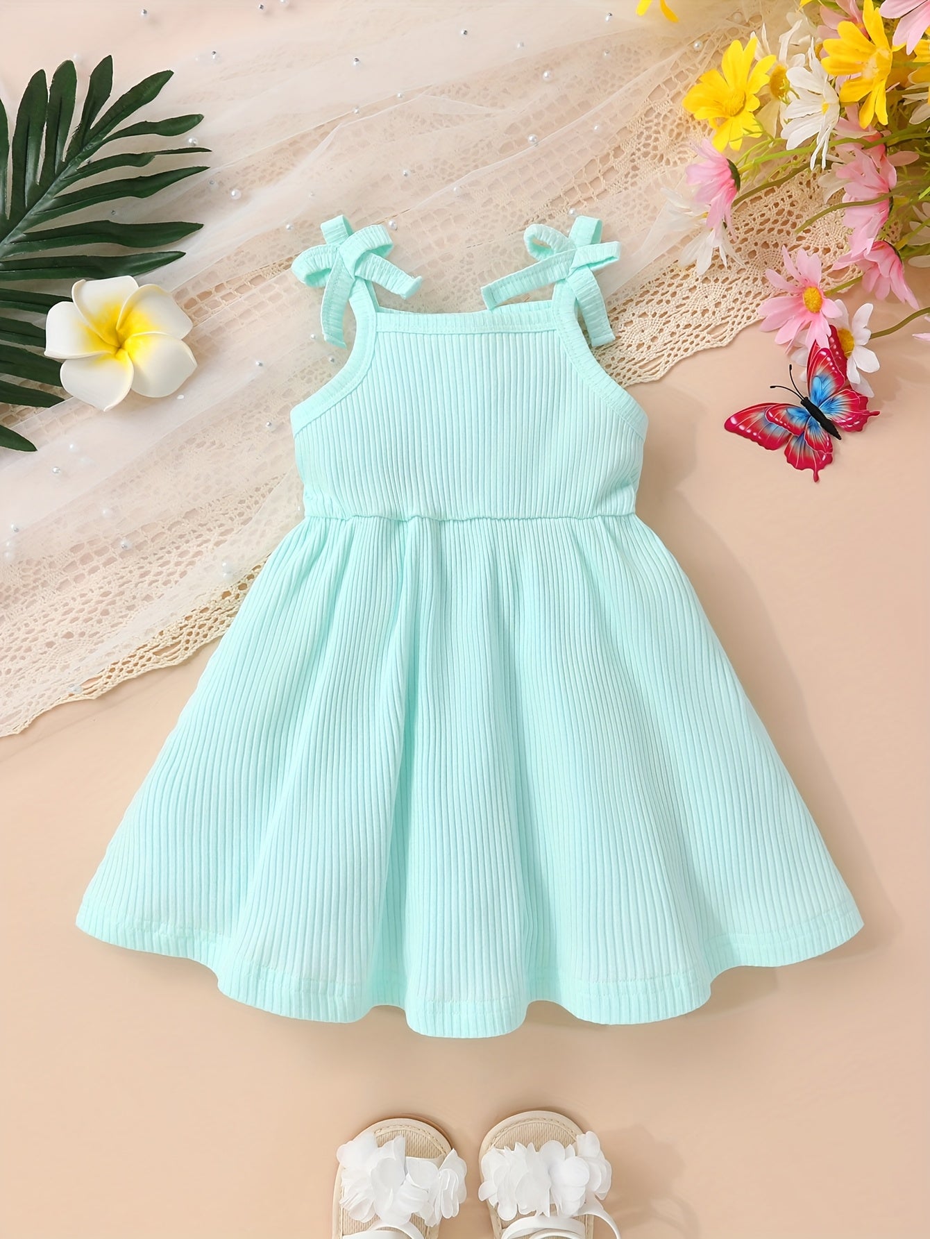3pcs Soft, Breathable, Comfortable And Cute Baby Girl Solid Color Ribbed And Full Body Floral Print Bow Suspender Princess Dress Set