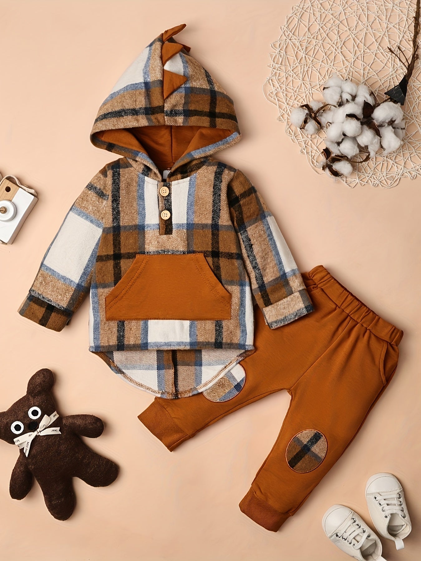 Toddler Boy Plaid Dinosaur Hoodie and Pants Set for Fall and Winter Ages 6 Months to 5 Years