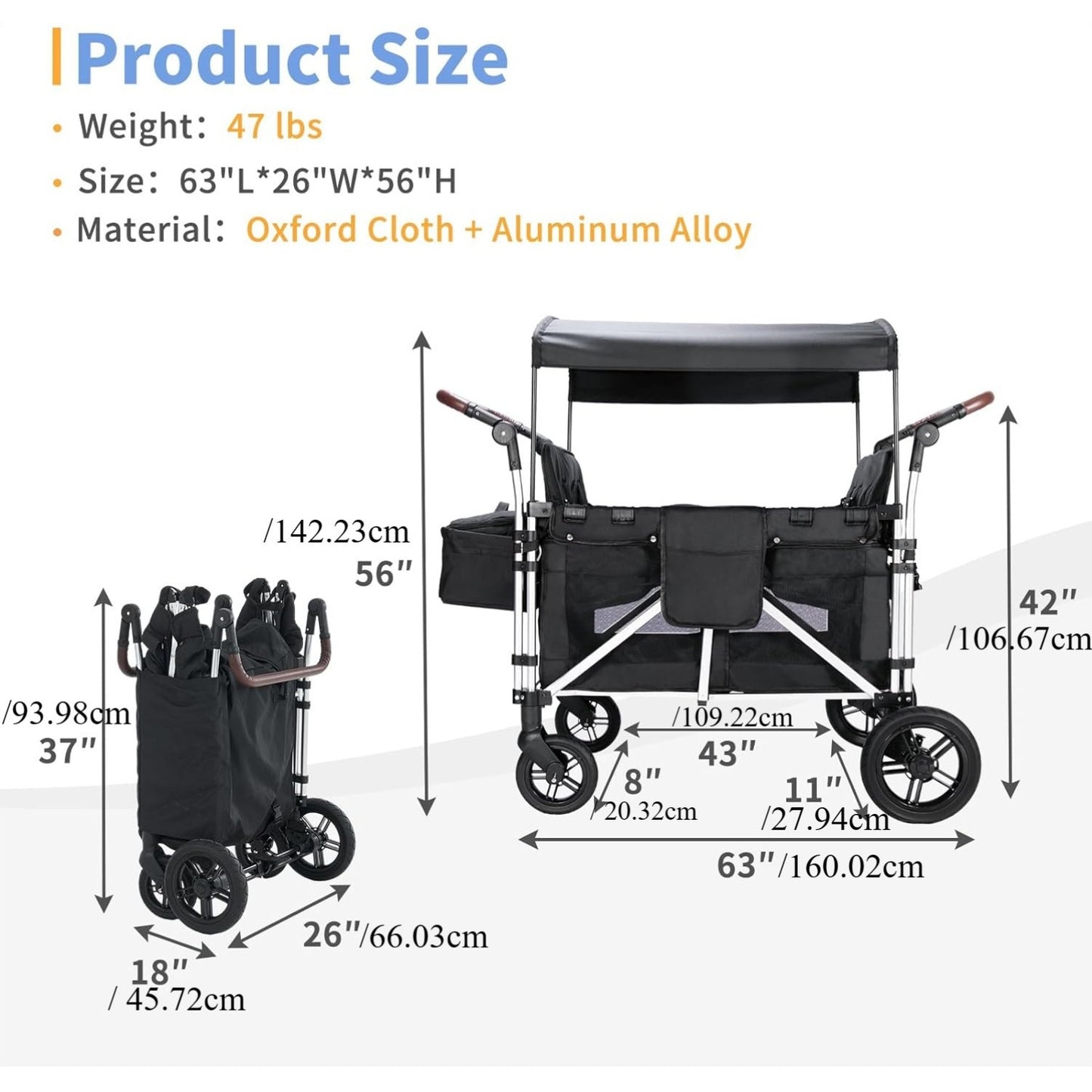 Big Multi-Function Trolley, Wagon Cart Featuring 4 High Seat with 5-Point Harnesses and Adjustable Canopy, Foldable Double Push Bar Wagon Stroller for Outdoor Garden, Stroller, Camping (Black-G)