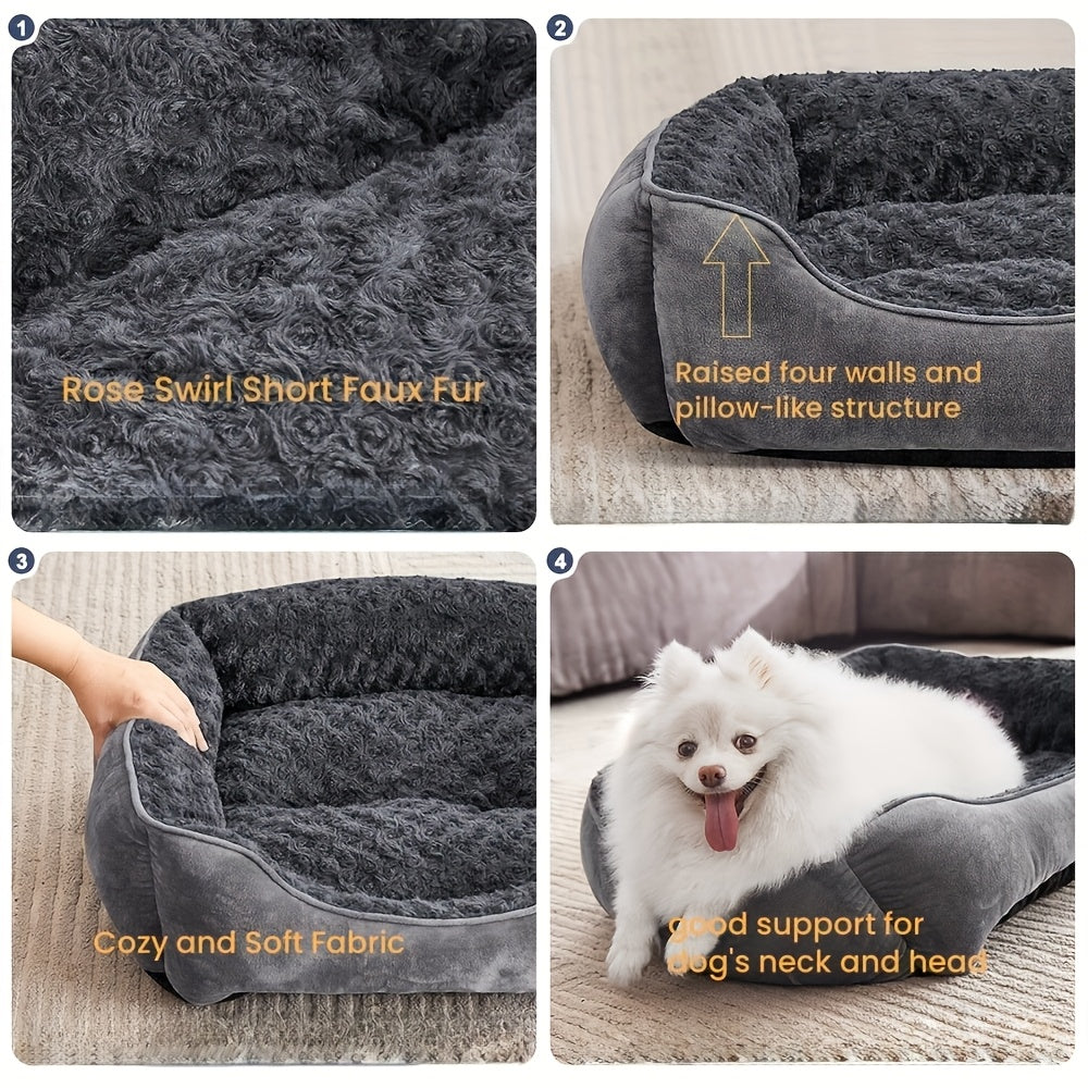 Cozy Khaki Plush Dog Bed with Non Slip Bottom Machine Washable Breathable Design