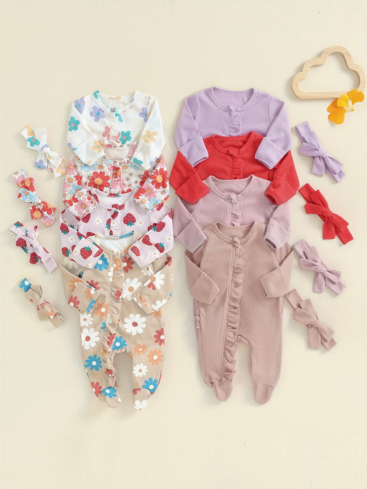 Baby Girls Long Sleeve Frills Jumpsuit Headband Footies