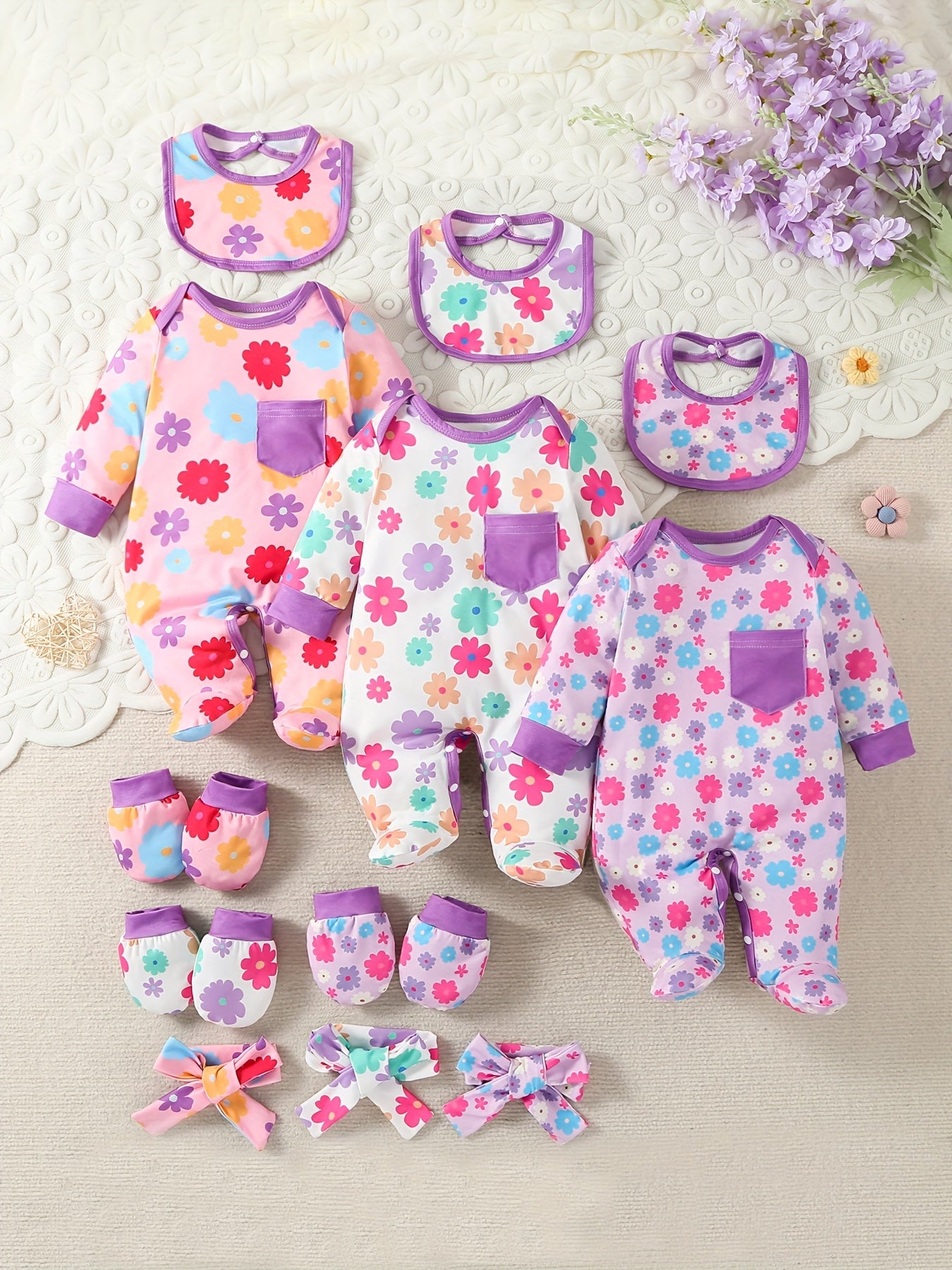 Newborn Baby Girl Floral Print Footed Romper Set With Bow