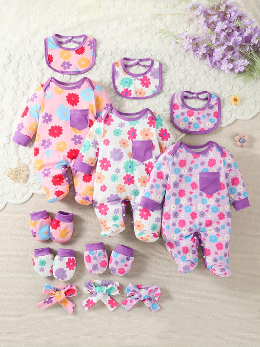 Newborn Baby Girl Floral Print Footed Romper Set With Bow