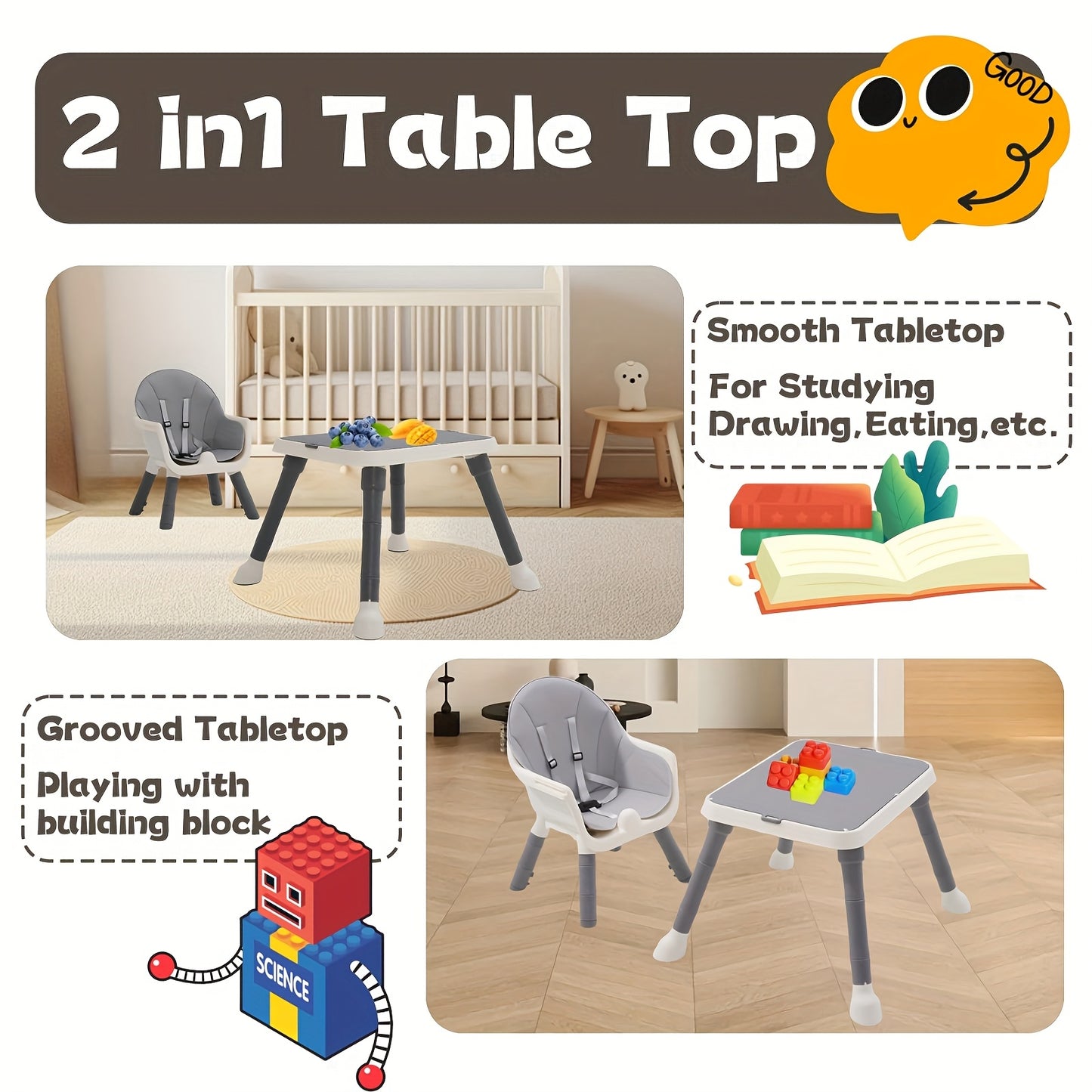 Adjustable 7-in-1 High Chair with Table Wheels Foldable Reclining for Kids Grey