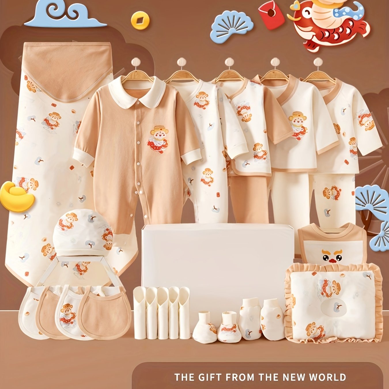 Baby Boy Clothes+Newborn Necessities Set 28pcs, Shower Gifts, Local Warehouse, 5 Sets Of Clothes+Hat+Pillow+Hand And Foot Sets+Bib Outfits, Romper, All-season Wearable,, Soft Fabric, Perfect for Outdoor