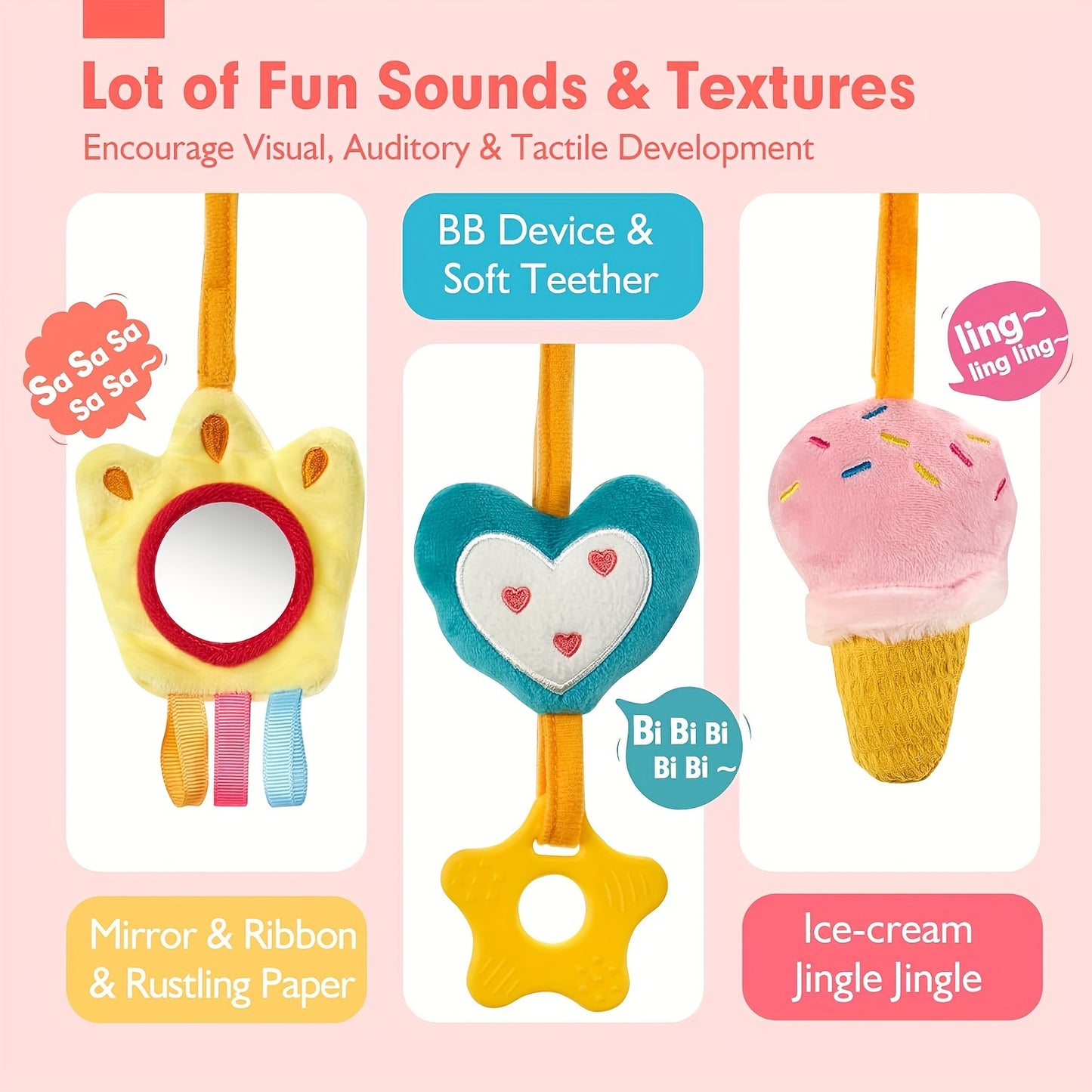 Car Seat Toys For Babies 0-6 Months Girl - Baby Toys 3-6 Months - Rattle, Mirror, Crinkle, Squeaky Carseat Stroller Toys 0-6 Months Developmental Newborn Baby Girl Gifts