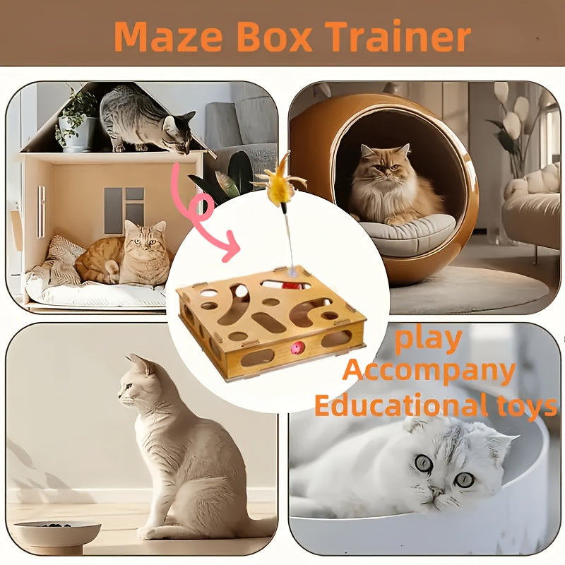 Interactive Cat Puzzle Maze Box for Sensory Training and Play - Durable Wooden Toy
