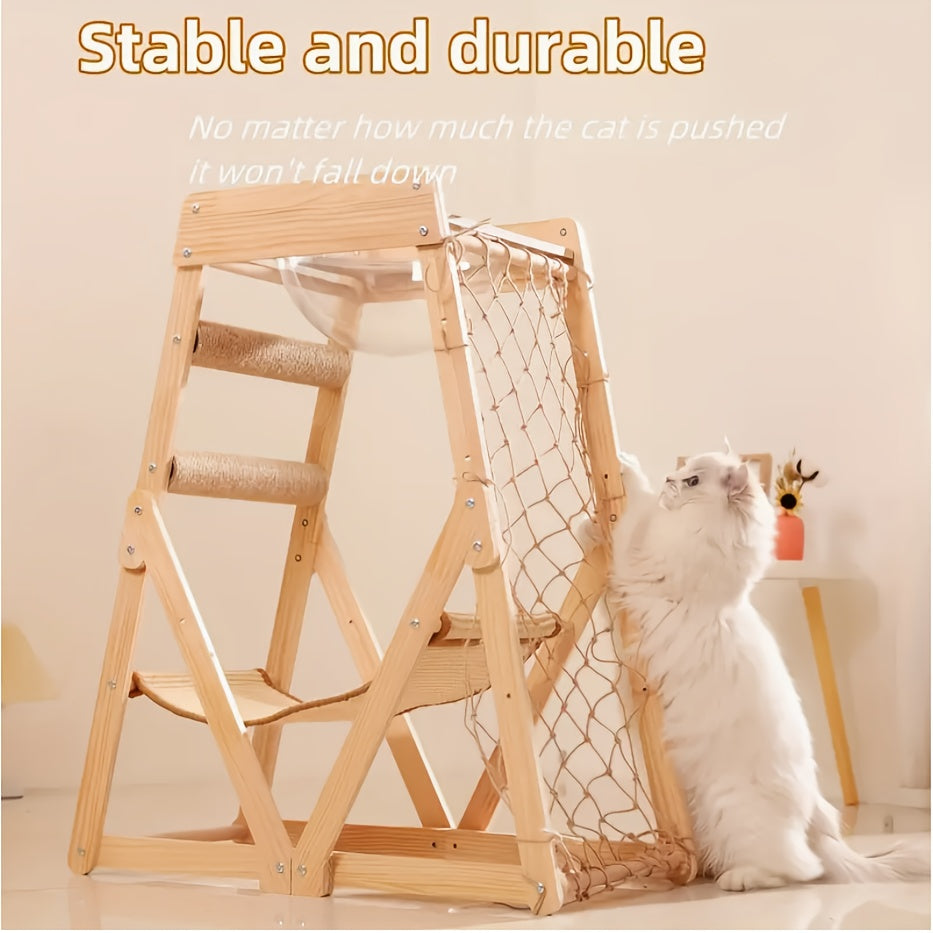 Wooden Cat Tower, Space Capsule Cat Tree with 2 Scratching Posts and Climbing Net Cat Toys, Summer Cat Bed, Indoor Cat Fort Tower Tree for Multiple Cats and Pet Stores, Wooden Cat Nest Jumping Platform Cat Scratcher Integrate