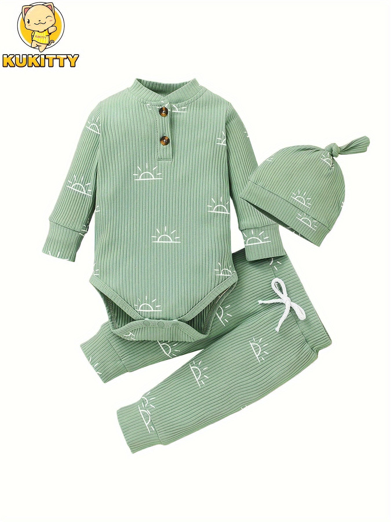 KuKitty Baby Boys Clothes Newborn Ribbed Long Sleeve Romper With Sun Pattern Pants Hat Outfits Set