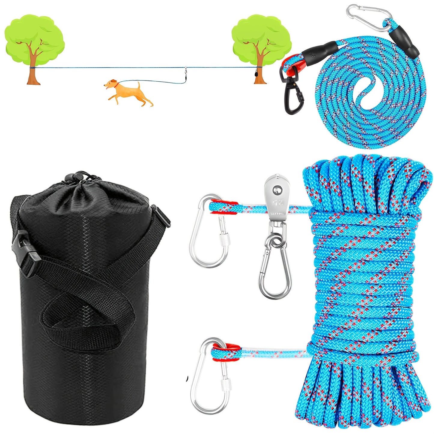 [75ft Portable Dog Tie Out] 75ft Portable Dog Tie Out Cable | Overhead Trolley System With 10ft Runner Lead For Dogs Up To 200lbs | Reflective Dog Lead For Yard, Park, Or Outdoor Adventures
