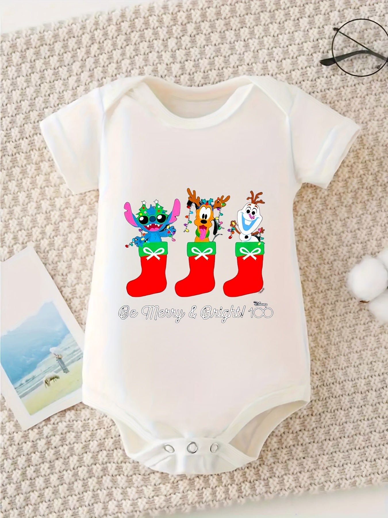 Disney Stitch Pluto Olaf Christmas Be Merry Bright 100 Percent Cotton Short Sleeve Romper