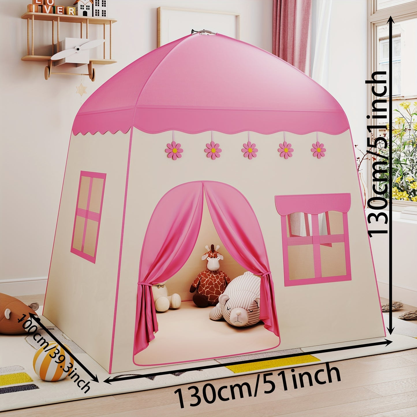 Kids Pink Castle Tent with Star Lights and Balloons for Indoor Princess Play